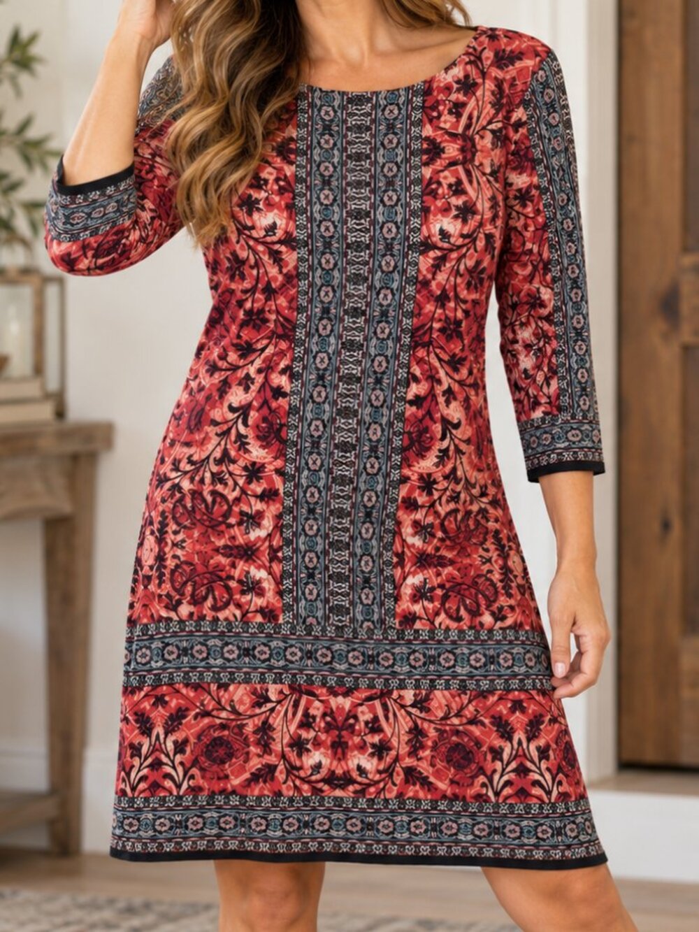 London Times Boho Shift Dress Classic Business Casual Career Wear Artsy Size 8P
